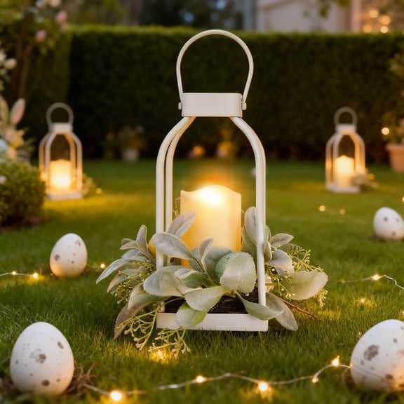 11.4" Wrought Iron Handheld Lantern - Decorative Easter Candlestick Lamp with Flickering LED Candle, Rustic Farmhouse Decor for Front Entrance and Wedding