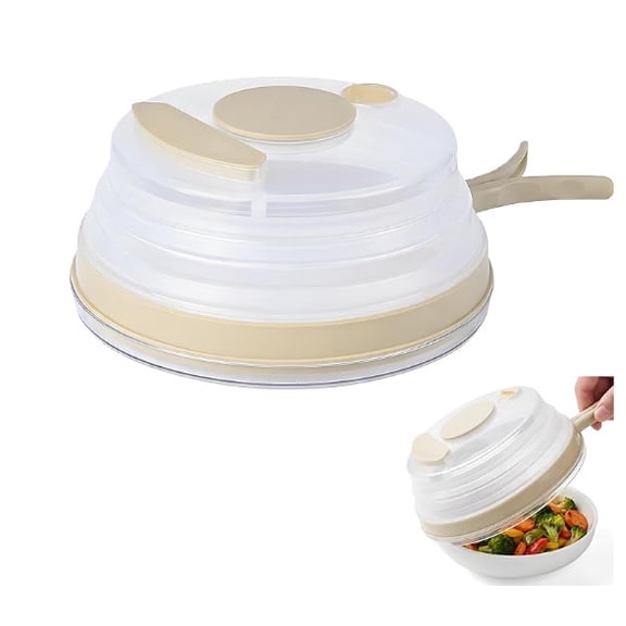 11.42 Inch Collapsible Microwave Splatter Cover with Steamer Function, Plastic & Silicone Food Plate Cover with Handle and Anti-Scald Base, Kitchen Cooking Guard Beige