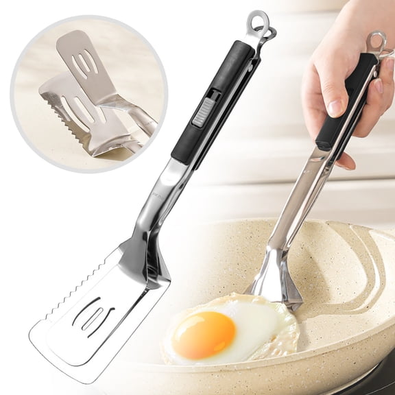 11.42-inch Anti-Scald Serrated Spatula Tongs Multi-Functional Stainless Steel Cooking Tongs, Suitable For Flipping Steaks Fish Bread Burgers Barbecue Pancakes Pies And Pizza(Black)