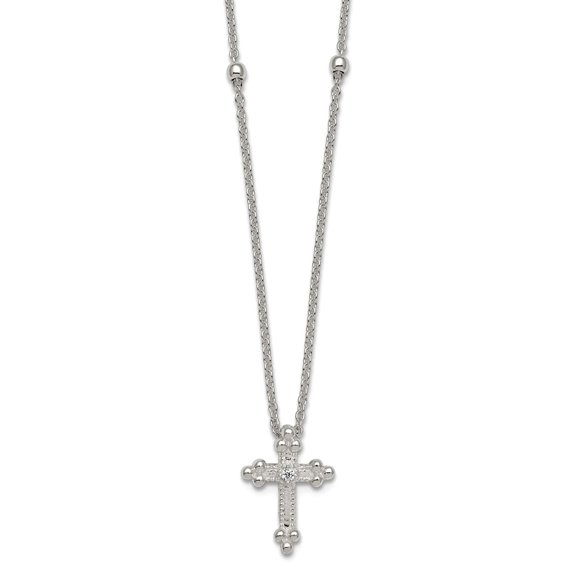 11.45mm 925 Sterling Silver Polished and Beaded CZ Religious Faith Cross With 1 Inch Extension Necklace 16.5 Inch Pendan