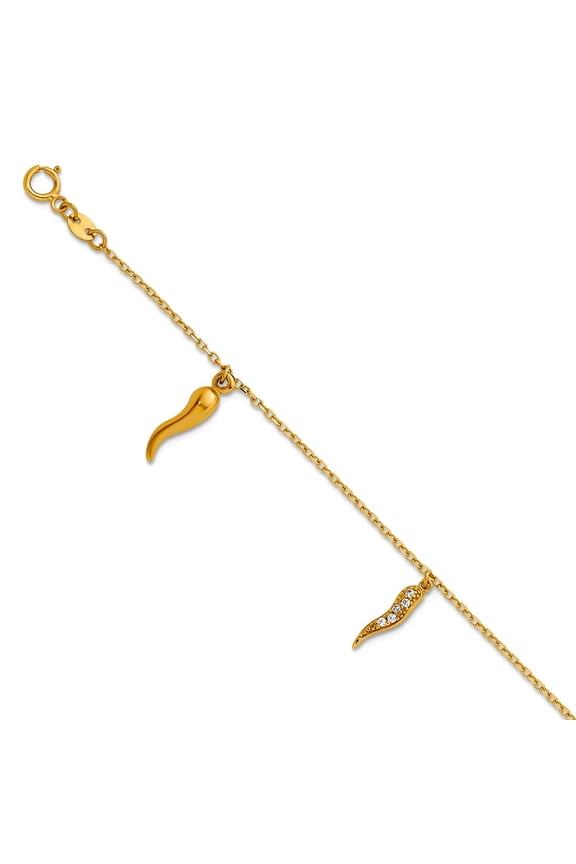 11.4mm 14k Solid Yellow Gold Polished Cubic Zirconia Italian Horns With .75 Inch Extension Bracelet 5.75 Inch Link Brace