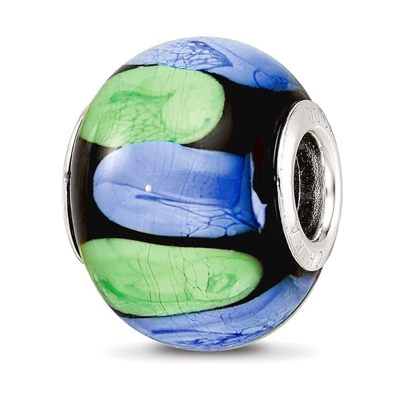 11.4mm 925 Sterling Silver Polished Reflections Rhodium Plated Blue and Green Dot Black Glass Bead Charm Pendant Necklac