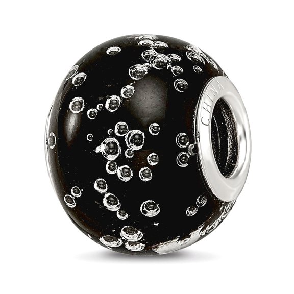 11.4mm 925 Sterling Silver Polished Reflections Rhodium Plated Bubbles Black Glass Bead Charm Pendant Necklace for Women