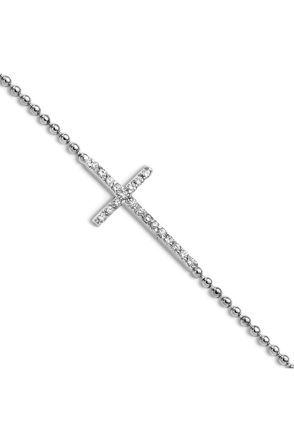 11.4mm 925 Sterling Silver Rhodium Plated Cubic Zirconia Religious Faith Cross With 1in Extension Anklet 9.5 Inch Anklet