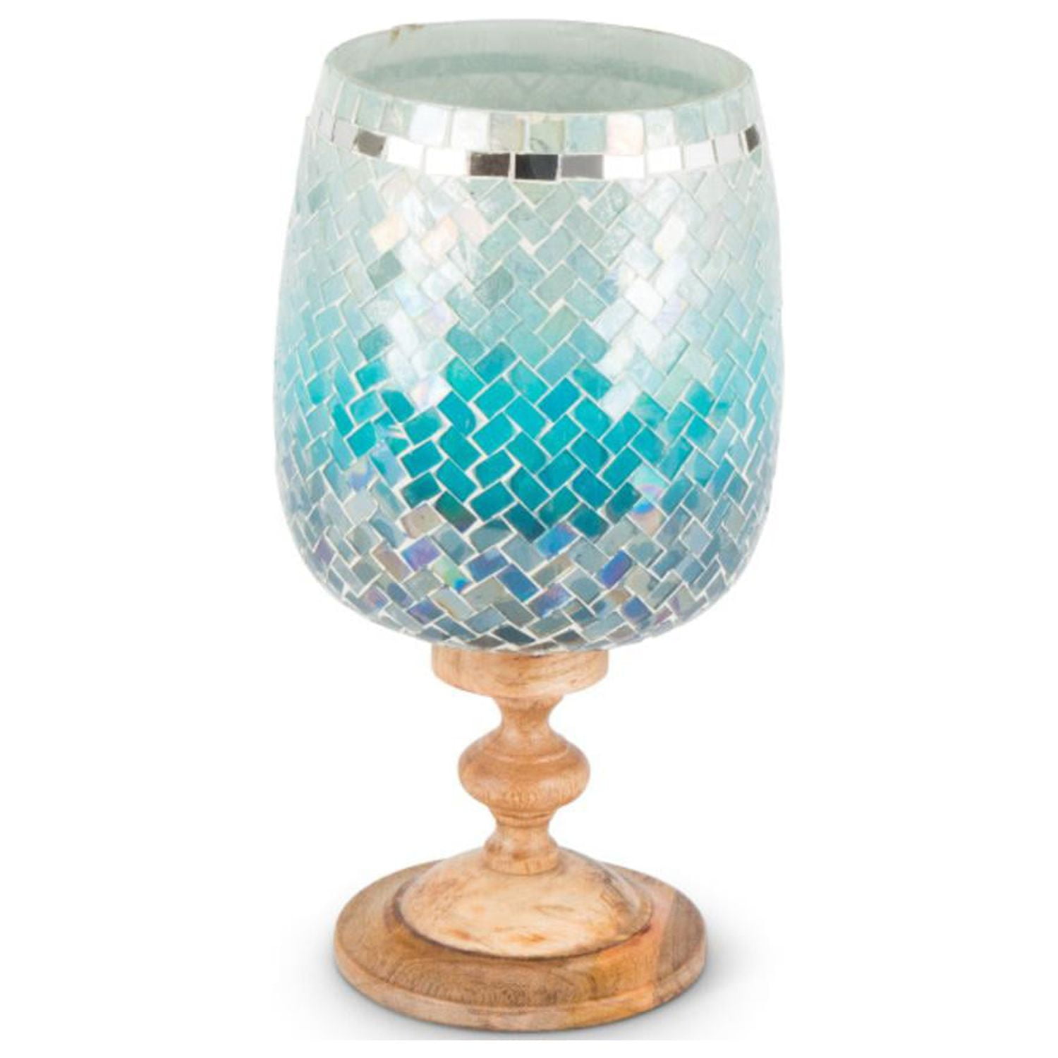 11.5" Blue Ombre Mosaic Hurricane Candle Holder with Mango Wood Stem