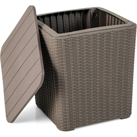 11.5 Gallon Deck Box, Outdoor Side Table with Removable Lid, Faux Wicker-Woven, 330Lbs Capacity, Outside Waterproof Storage Box, Resin Rattan Small Coffee Table for Patio Poolside (Brown)