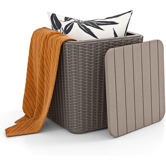 11.5 Gallon Outdoor Storage Box, Deck Box with Table Top & Stool, Resin Wicker Patio Side Table with Storage, Removable Lid, 330Lbs Capacity for Poolside, Balcony (Brown)