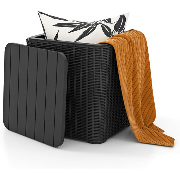 11.5 Gallon Water-proof Deck Box, Outdoor Patio Storage Box w/Removable Lid &, Faux Rattan Storage Container Side Table, All Weather Patio Furniture Extra Seat for Poolside (Black)