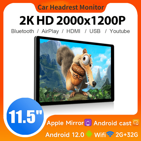 11.5'' IPS Headrest Monitor 2G+32G Tablet Touch Screen For Car Rear Seat Display Airplay Mirror Images Video Player Android 12 System