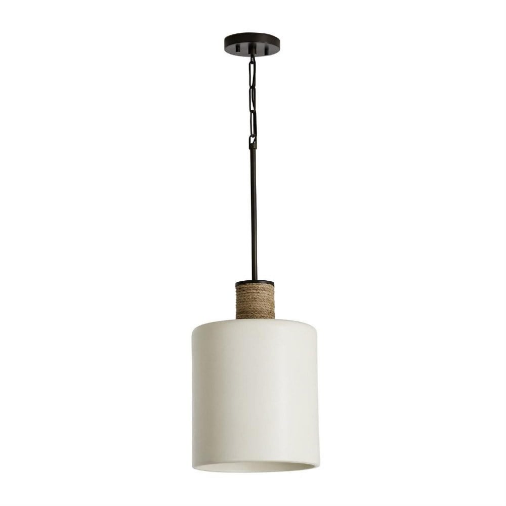 Dark Pewter and Soft White Ceramic Pendant Light with Jute Accent