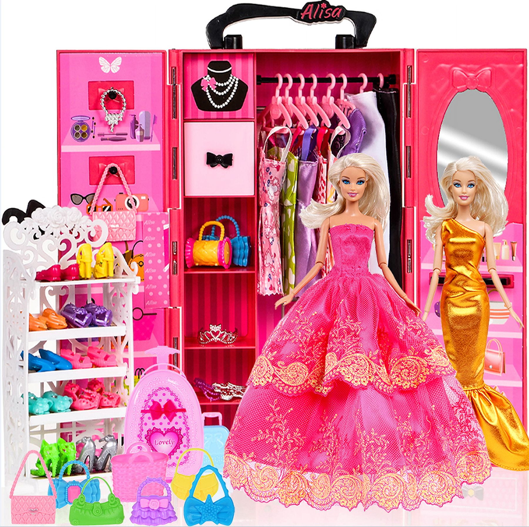Cheap 106 Pcs Doll Wardrobe with Clothes and Accessories Set for Barbie Doll,  Storage Closet Gown Dresses Shoes Hangers etc. for Girl Gift Set (NO DOLLS)