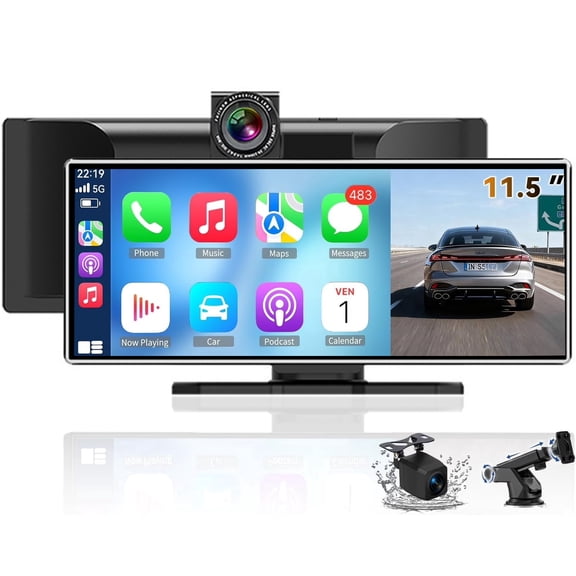 11.5-Inch Wireless Carplay Screen for Car, Largest Car Stereo with 4K Dash Cam & 1080P Backup Camera, Android Auto, GPS Navigation, Voice Control, Bluetooth, Mirror Link, FM
