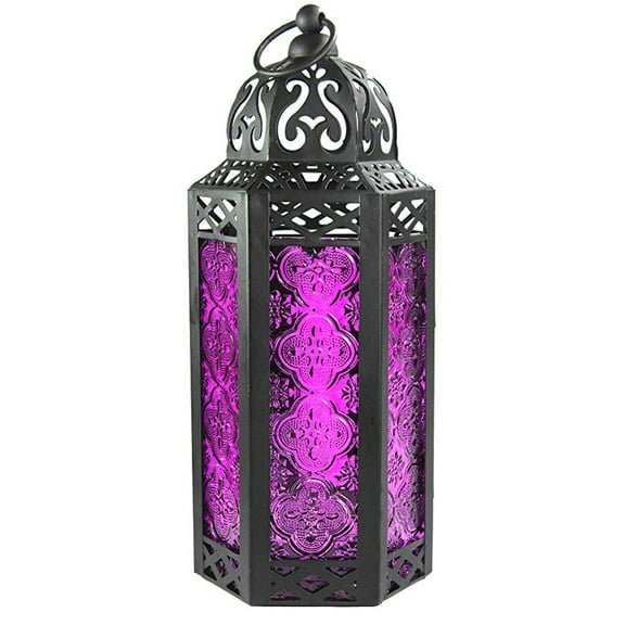 11.5" Moroccan Style Hanging Candle Lantern, Black Metal Frame, Purple Colored Glass Panels Candle Holder Indoor Outdoor Lamp Lantern, Great for Patio, Porch, Bedroom, Events, Parties