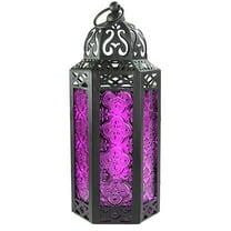 11.5" Moroccan Style Hanging Candle Lantern, Black Metal Frame, Purple Colored Glass Panels Candle Holder Indoor Outdoor Lamp Lantern, Great for Patio, Porch, Bedroom, Events, Parties