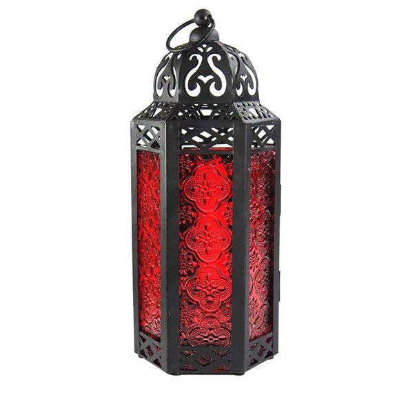 11.5" Moroccan Style Hanging Candle Lantern, Black Metal Frame, Red Colored Glass Panels Candle Holder Indoor Outdoor Lamp Lantern, Great for Patio, Porch, Bedroom, Events, Parties