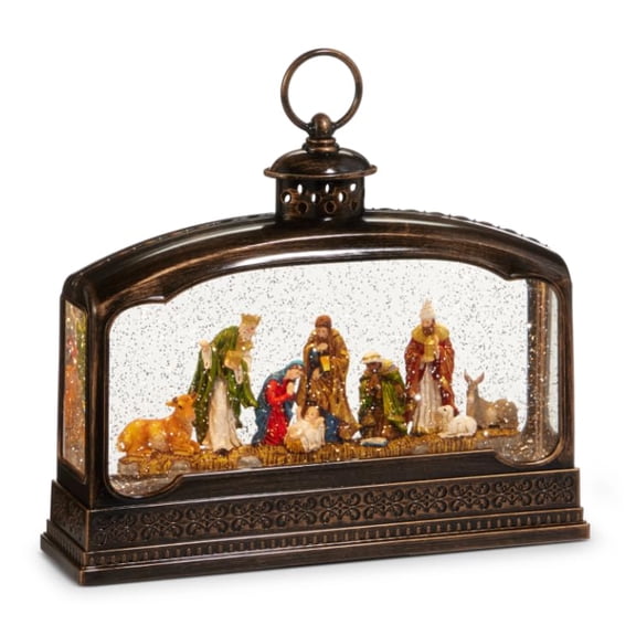 11.5 Nativity Lighted Water Terrarium Christmas Glitter Lantern with Continuous Swirling Glitter, 6-Hour Timer, Battery or USB Powered Holiday Decoration