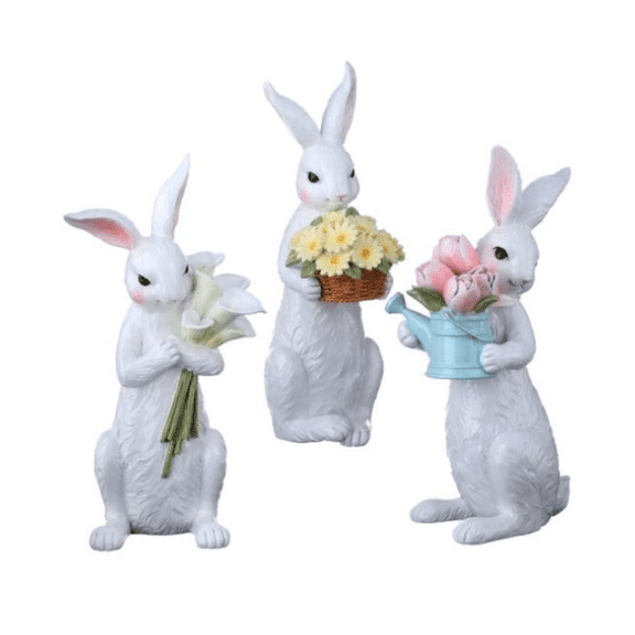 11.5" Resin Bunny with Floral Bouquet Spring & Easter Decoration (Set of 3)