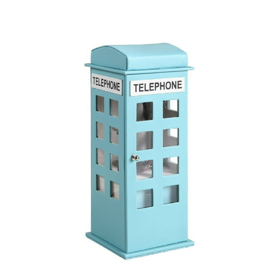11.5" Tall Pastel Blue Leather Jewelry Box British Telephone Design Vintage Style Storage Organizer for Rings Earrings Necklaces