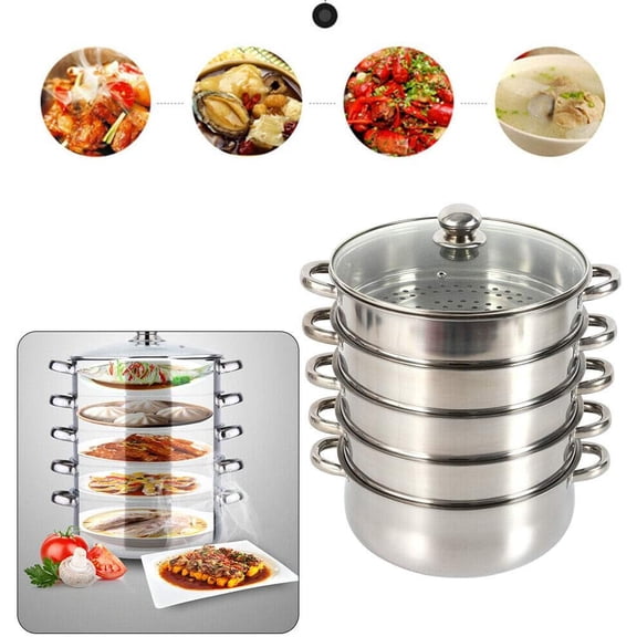 11" 5-Tier Stainless Steel Steamer, Stackable Multi-Layer Steam Pot with Transparent Lid & Anti-Scald Handles for Kitchen