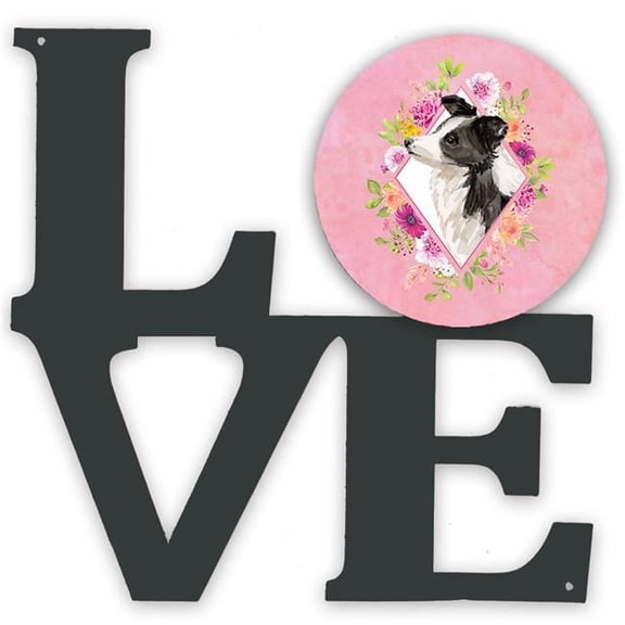 11.5 x 11.75 in. Border Collie Pink Flowers Metal Artwork Love Wall Decor