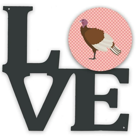 11.5 x 11.75 in. Bourbon Red Turkey Hen Pink Check Metal Artwork Love Wall Decor