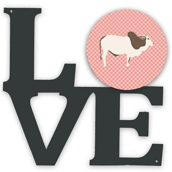 11.5 x 11.75 in. Malvi Cow Pink Check Metal Artwork Love Wall Decor