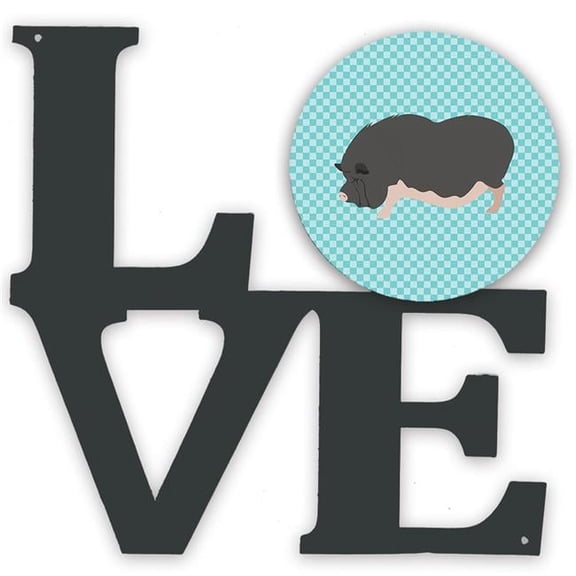 11.5 x 11.75 in. Vietnamese Pot-Bellied Pig Blue Check Metal Artwork Love Wall Decor