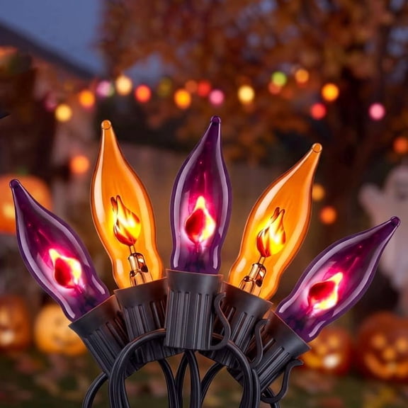 11.5Ft Halloween Flickering Flame String Lights, 10 Orange Purple C18 Bulbs