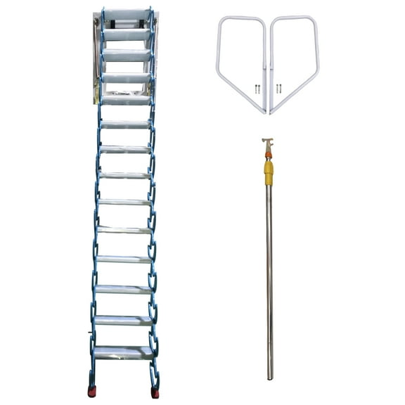 11.5ft Attic Pull Down Ladder Stairs Hidden Folding Loft Ladder Stairs 14 Steps Blue Al-Mg Alloy 660LB Loading Capacity