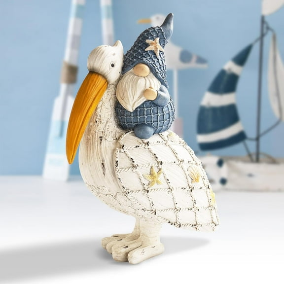 11.5in Pelican Gnome Figurine Decor, Resin Beach Coastal Statue for Home Table, Summer Theme Pool Garden Yard Ornaments Outdoor Gifts