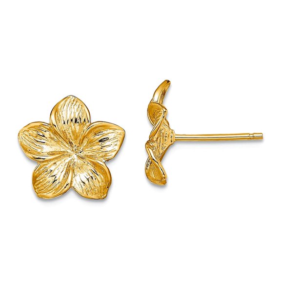 10k Solid Yellow Gold Plumeria Flower Post Earrings 11.5x11.5mm Wide Stud Earring for Women