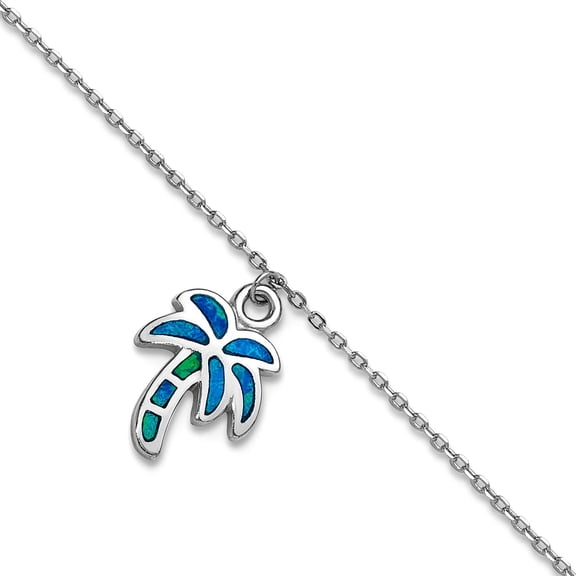 11.5mm 925 Sterling Silver Rhodium Plated Simulated Opal Palm Tree 9 +1 Inch Anklet 9 Inch Anklet for Women