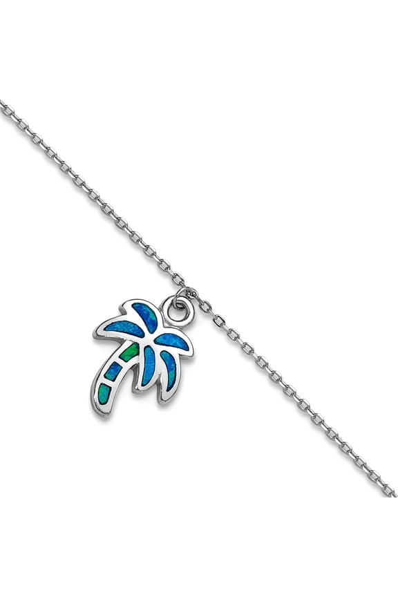 11.5mm 925 Sterling Silver Rhodium Plated Simulated Opal Palm Tree 9 +1 Inch Anklet 9 Inch Anklet for Women