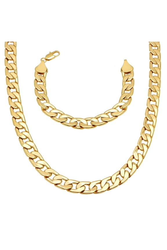11.5mm Polished 14k Gold Plated Cuban Chain Necklace + Bracelet Set, 24" (Necklace) + 7" (Bracelet)