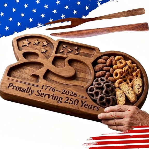 11.*6.6 * 0.8in - 250 Serving Platter, 250th Anniversary Snack Platter, Wooden Serving Tray, Engraved American Patriotic Multi-Grid Charcuterie Platter,Walnut Wood Perfect (1SET)