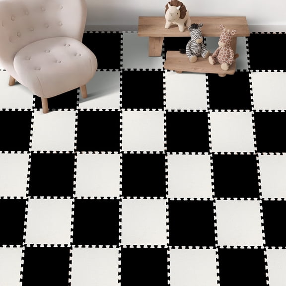 11.6 Sq. Ft.Easy-Install Plush Interlocking Foam Tiles - 11.8"x11.8"x0.51" Non-Slip Kid-Friendly Mat with Borders, Soft Carpet for Toddlers & Bedroom (BLACK & WHITE)