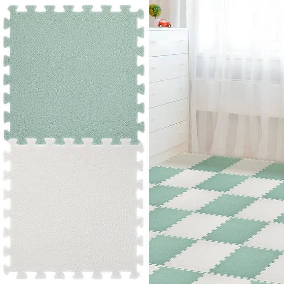 11.6 Sq. Ft.Easy-Install Plush Interlocking Foam Tiles - 11.8"x11.8"x0.51" Non-Slip Kid-Friendly Mat with Borders, Soft Carpet for Toddlers & Bedroom (MINT & WHITE)