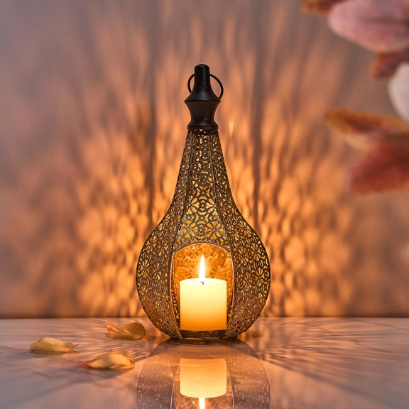 11.6inch Moroccan Lantern Lamp Decorative Candle Holders for Ramadan Decorations, Hanging, Outdoor Patio or Porch, Indoor Home Decor Gold Y101
