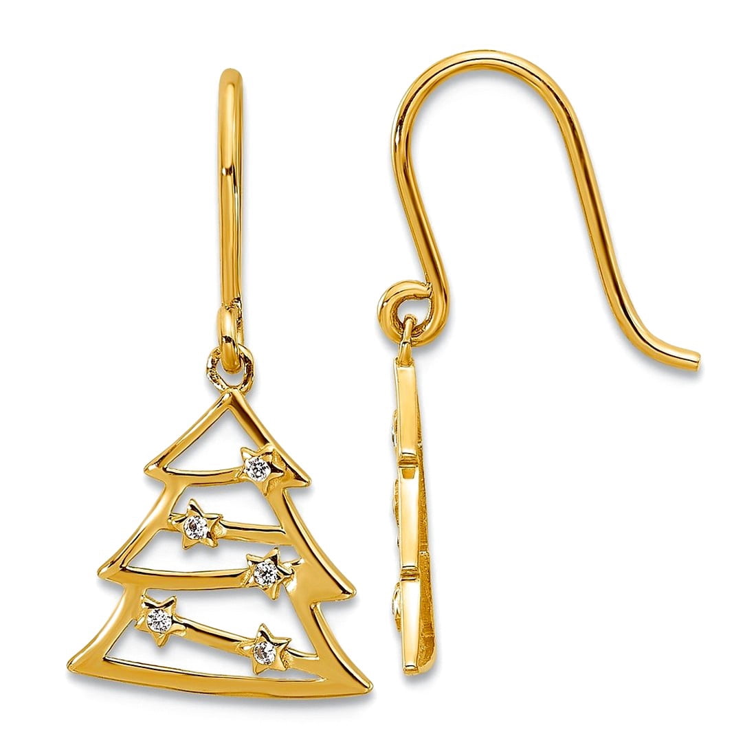 14k Solid Yellow Gold Polished CZ Christmas Tree Shepherd Hook Long Drop Dangle Earrings 22x11.6mm Wide Dangle Earring f