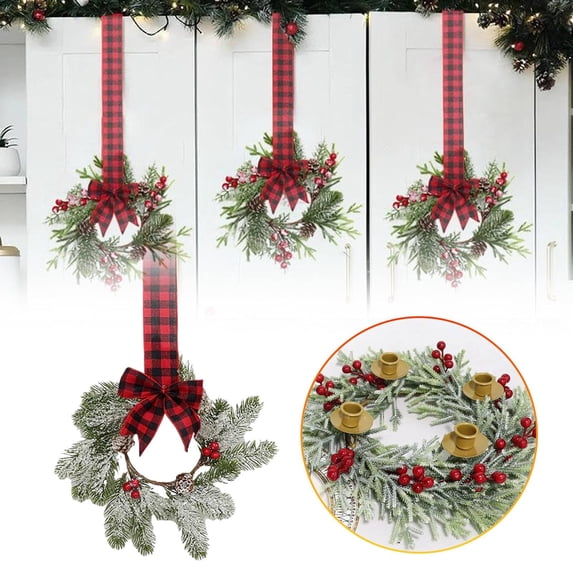 11.7" Christmas Wreaths for Kitchen Cabinets with Ribbon Bows Red Berry,Norfolk Pine Window Wreath Hunging Ornament Xmas Wreath for Window Front Door Christmas Party Decorations Porch Wall Hanging