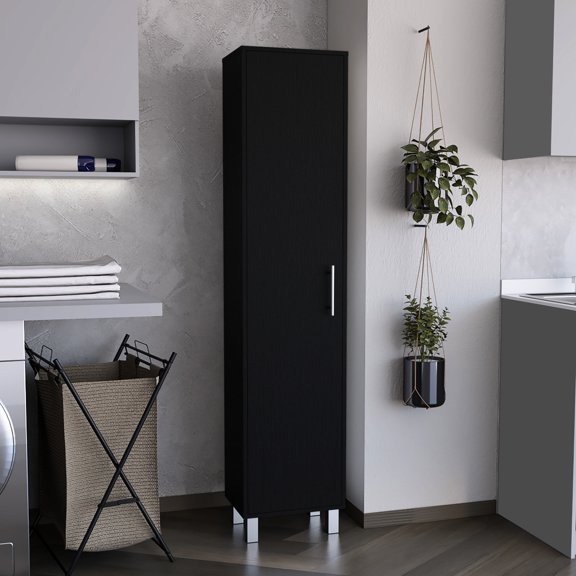 11.70in Wide Black Cabinet with Broom Hanger and Shelves / Ideal for Kitchen Use to Keep Tidy