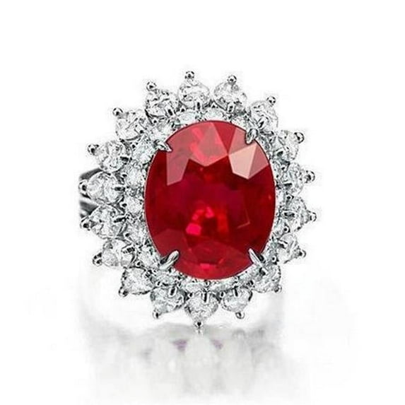 11.75 CT Red Ruby with Diamonds Ring, 14K White Gold - Size 6.5
