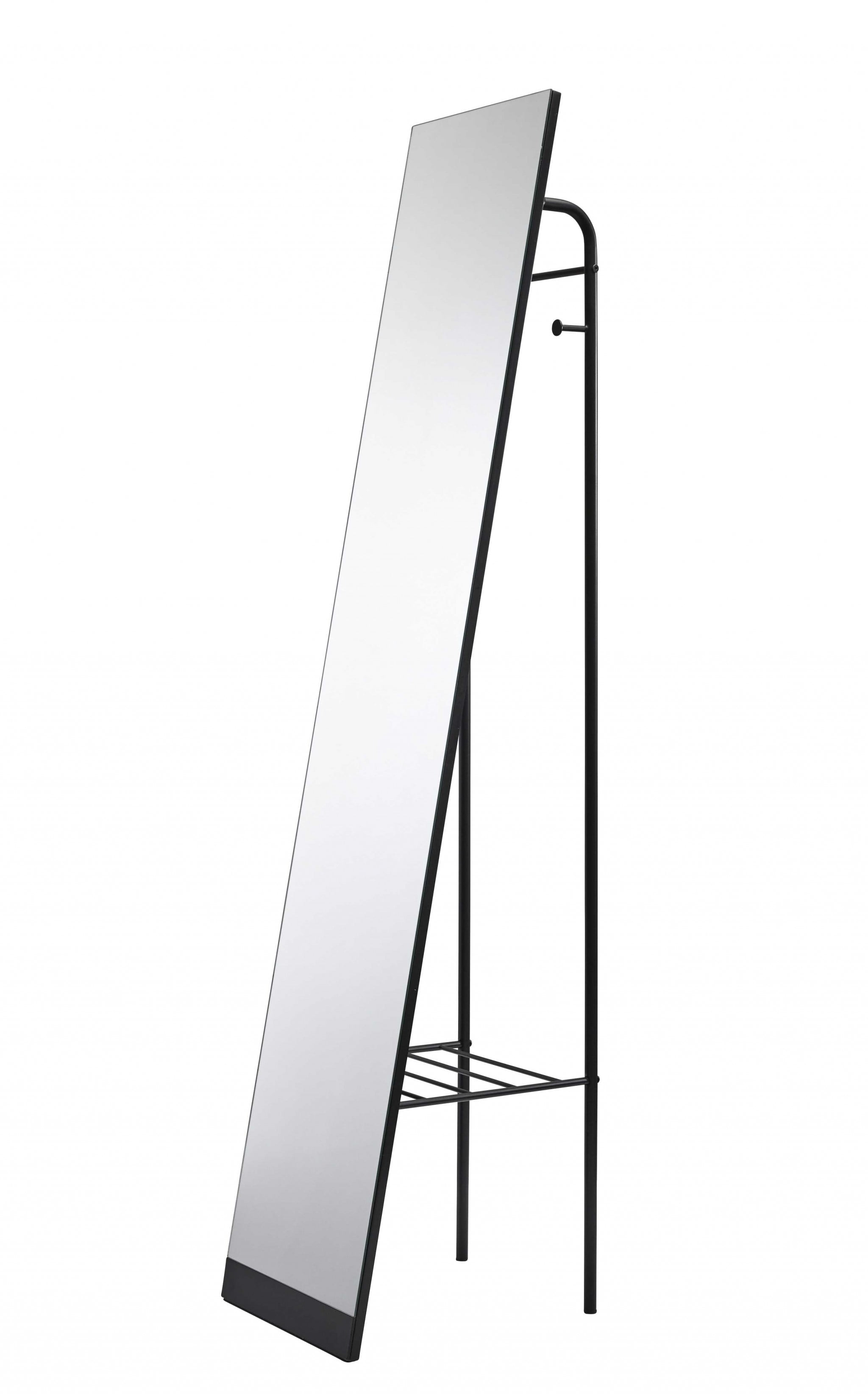 Matte Black Freestanding Full-Length Wooden Mirror with Storage