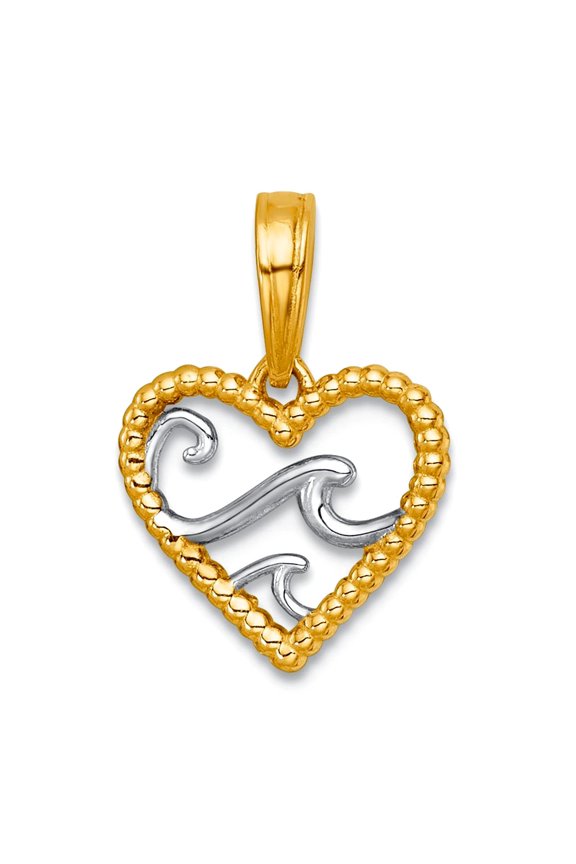 11.7mm 14k With White Rhodium Polished Waves In Love Heart Charm Pendant Necklace for Women