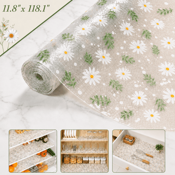 11.8"×118.1" Green Daisy Shelf Liner, 350g - Durable Non-Slip Liner for Kitchen Cabinets, Waterproof Shelf, Drawers & Shelves, No Slip Cupboard Mats Non Adhesive EVA Place Mats Roll