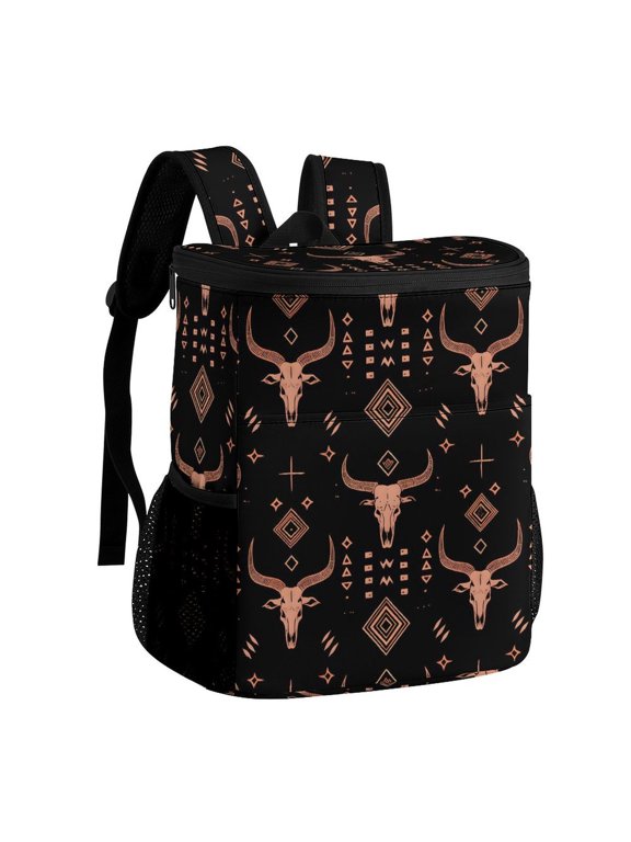 11.812.6in Ice Pack Backpack with Large Capacity Adjustable Shoulder Straps And Pockets on Both Sides Art African Tribal Motifs Water Buffalo Skulls 32x30x18cm