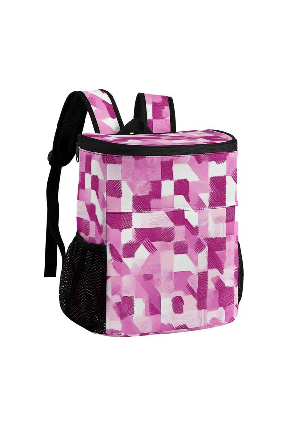 11.812.6in Ice Pack Backpack with Large Capacity Adjustable Shoulder Straps And Pockets on Both Sides Pink Abstract Houndstooth Hand-drawn Sketch_3 32x30x18cm