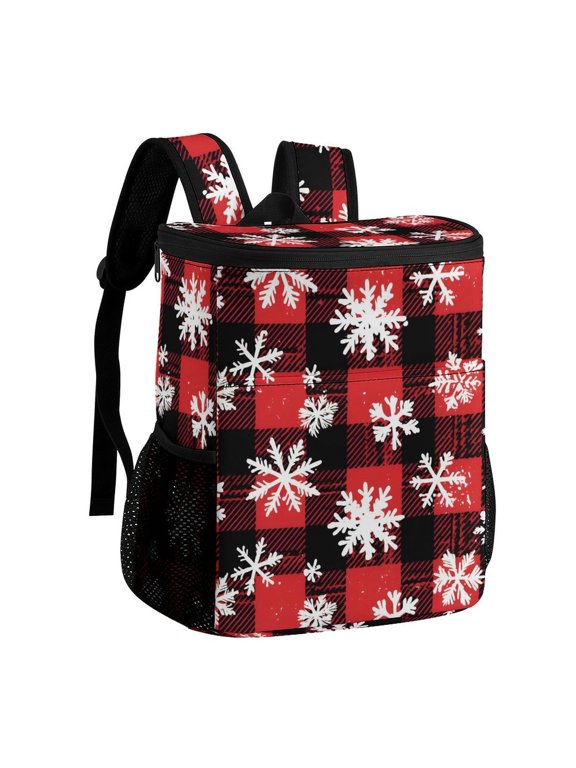 11.812.6in Ice Pack Backpack with Large Capacity Adjustable Shoulder Straps And Pockets on Both Sides Snowflakes on The Red And Black Checkered Pattern (2) 32x30x18cm