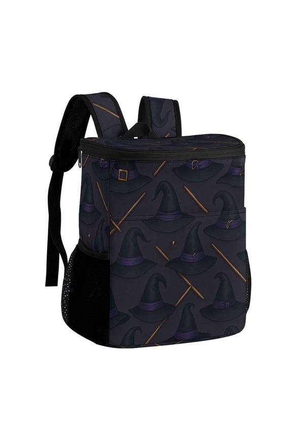 11.812.6in Ice Pack Backpack with Large Capacity Adjustable Shoulder Straps And Pockets on Both Sides Witch Hat And Broomstick Halloween Pattern 32x30x18cm
