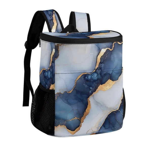 11.812.6in Ice Pack Backpack with Large Capacity Adjustable Shoulder Straps And Pockets on Both Sides Blue White Gold Marble 32x30x18cm